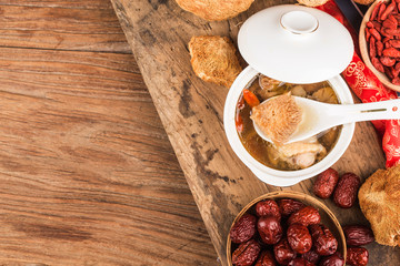Stewed chicken soup with Hericium erinaceus，Chinese cuisine