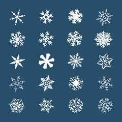 Fototapeta na wymiar Cute snowflakes set isolated on white background. Flat snow icons, silhouette. Nice element for Christmas banner, cards. New year ornament.