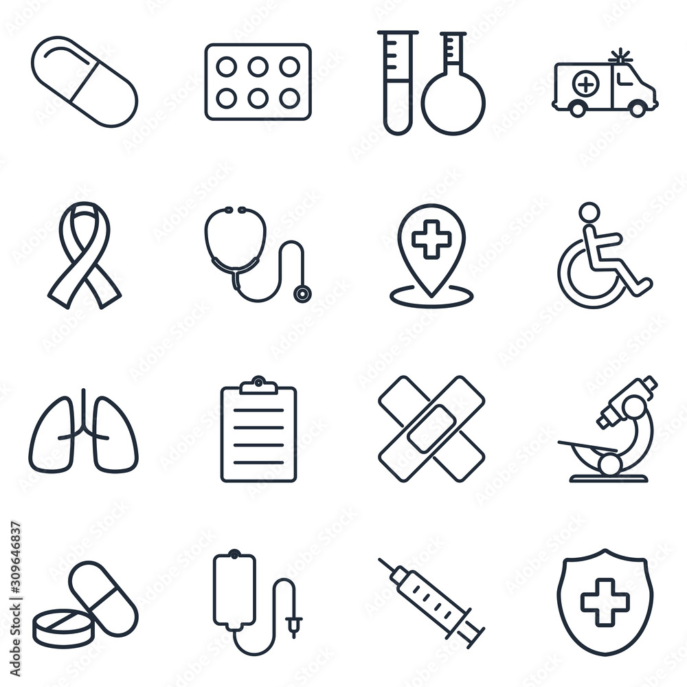 Poster medical assistance vector line icons template color editable. medicine and health symbol vector sign