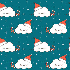 cute cartoon character cloud with santa claus hat and candy cane in the sky with falling snowflakes christmas seamless vector pattern background illustration