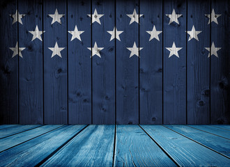 USA background. USA flag elements on wood in perspective view interior room style.