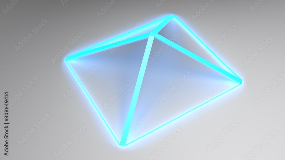 Poster abstract pyramidal blue structure with satin glass faces on white surface - 3d rendering illustratio
