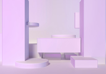 Architectural trend composition. Cubic, cylindrical geometric pedestal, podium. Soft pink violet blue, pastel colors. Stylish 3d advertisement illustration. Exhibition podium in promotion brand store
