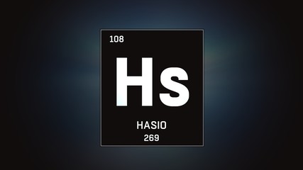 3D illustration of Hassium as Element 108 of the Periodic Table. Grey illuminated atom design background with orbiting electrons. Name, atomic weight, element number in Spanish language 