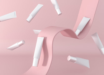 Cosmetic cream - moisturizing, smoothing facial wrinkles. 3d render illustration. White Container tube - package template. Pink pastel advertising poster. Brand product for women. Gel cream packing