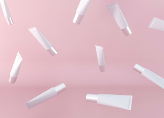 Cosmetic cream - moisturizing, smoothing facial wrinkles. 3d render illustration. White Container tube - package template. Pink pastel advertising poster. Brand product for women. Gel cream packing