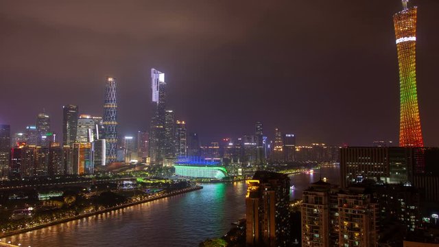 Guangzhou cityscape with TV Canton tower in China timelapse zoom out