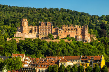 View of city Heidelberg and ruins of renaissance Heidelberg Castle on Konigstuhl hill, Germany