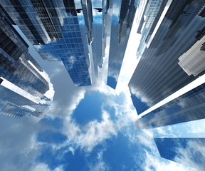 Beautiful skyscrapers against the sky with clouds, modern buildings bottom view, 3D rendering.
