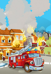 cartoon scene with fireman car vehicle near burning building - illustration for children