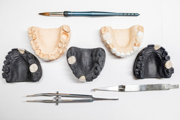 Artificial plaster jaw models with dental implants and instruments on the white background, top...