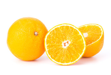 Orange fruit sliced juicy isolated on white background, closeup