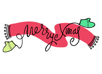 Merry Xmax holiday winter design. Hand-lettered greeting, scarf, knittted gloves isolated on white background