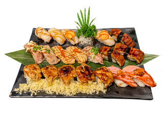 Sushi set isolated on white background,japanese food,Hotate (Scallop), shrimp,eel (Unagi),salmon burn,Ikura (Salmon egg), Foie gras.