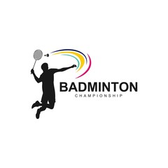 Fototapeta na wymiar badminton logo, Badminton Player In Action Logo , Aggressive Jumping Smash
