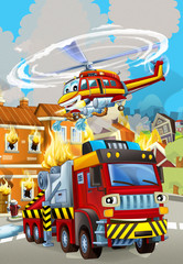 cartoon scene with fireman car vehicle near burning building - illustration for children