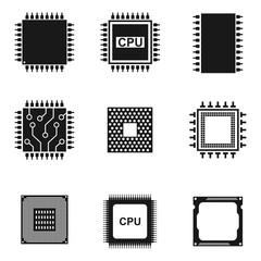 Computer Chips and Electronic Circuit icons, isolated on white background.