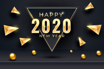 Golden 2020 numbers with gold ball and diamond isolated on realistic studio mockup. Happy New Year