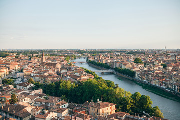 Beautiful panoramic aerial city view of the traditional old architecture of Verona in Italy.