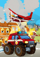 Obraz na płótnie Canvas cartoon scene with fireman car vehicle near burning building - illustration for children