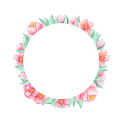 watercolor illustration round frame of pink peony flowers and green leaves on a white background with place for text. spring summer mood. For cards, design, flyers, congratulations.
