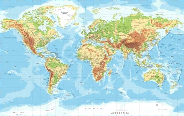 Tuinposter Wereldkaart - Fysiek Topografisch - Vector Gedetailleerde Illustratie © Porcupen