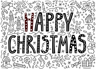 Vector illustration of a lettering with the inscription happy christmas in doodle style