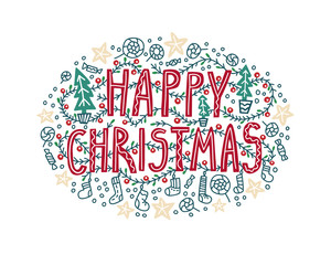 Vector illustration of a lettering composition with the words Happy Christmas, with a pattern of sweets and a Christmas stocking