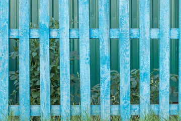 Old rustic wooden fence with shabby blue paint