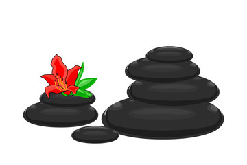 SPA Pebbles with azalea flower isolated on white background. Black  stones illustration for spa salon, cosmetics, massage, yoga center, wellness, beauty salon and medicine designs. Stock vector