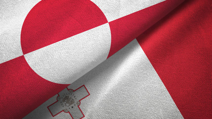 Fototapeta na wymiar Greenland and Malta two flags textile cloth, fabric texture