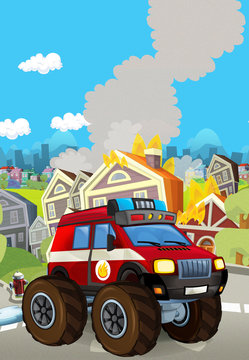 cartoon scene with fireman car vehicle near burning building - illustration for children © honeyflavour