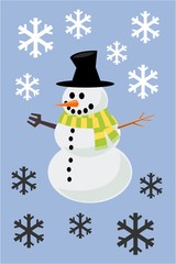 Happy Snowman with Snowflakes on Blue Background
