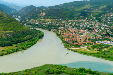 The Top View Of Mtskheta, Georgia, The Old Town Lies At The Confluence Of The Rivers Mtkvari And Aragvi. Svetitskhoveli Cathedral, Ancient Georgian Orthodox Church
