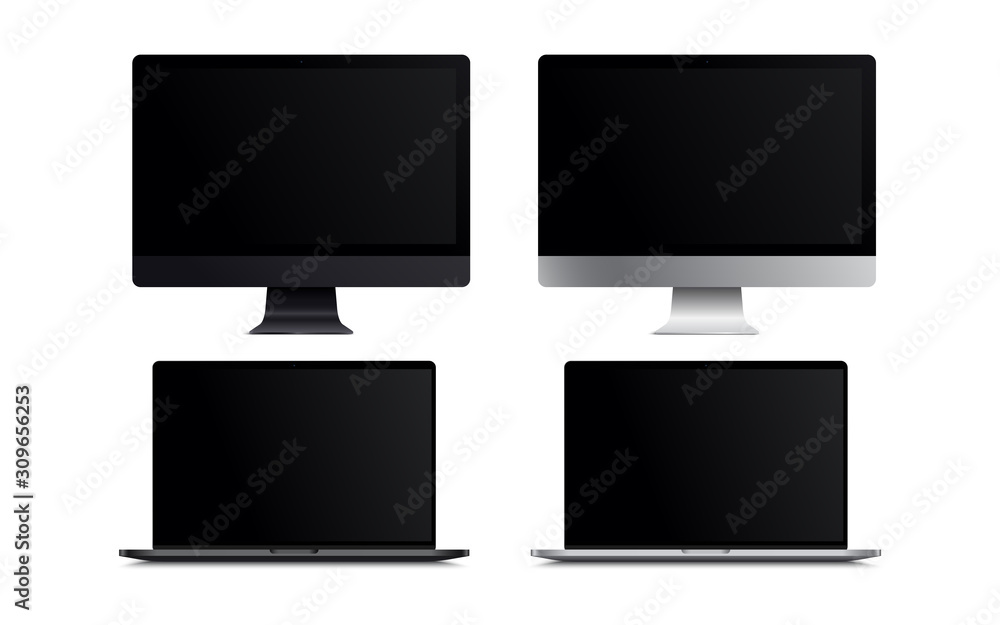 Poster blank screen lcd monitor space grey and silver imac and macbook pro style computer mockup. realistic