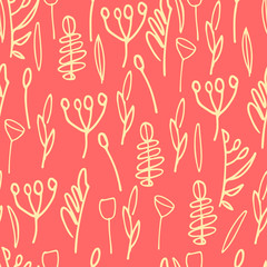 Seamless pattern with hand drawn leaves, inflorescences, branches on poppy-red color background