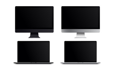 Blank screen LCD monitor space grey and silver imac and macbook pro style computer mockup. Realistic illustration isolated on white background for website preview; presentation etc. Vector EPS.