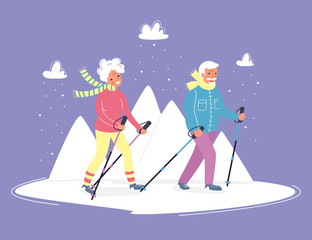 Senior activities concept. Old people walking in the mountains on the fresh air with happy faces. Sporty lifestyle in a retirement for pensioners. Vector illustration, flat cartoon style. Character de