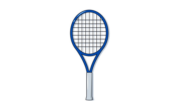 Tennis racket vector illustration.Flat linear image of sport equipment  - blue tennis racquet - isolated on white. Healthy lifestyle, sport and fitness, playing games concepts.