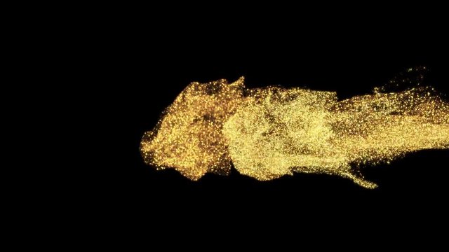 Sparkling glitter drops in water. Shiny golden particles swirling underwater in slow motion. Glamour art background. Abstract flowing glittering fluid liquid animation. Isolated on black alpha channel