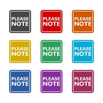 Text sign showing Please Note color icon set isolated on white background