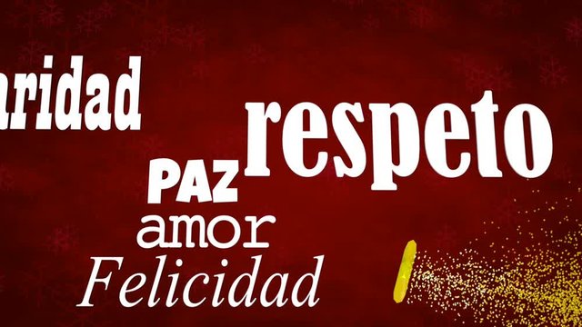 Greeting card with white words in Spanish language appear forming a Christmas tree with a bright star on the tip on a red background with red snowflakes. 3D Animation