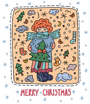 Vector illustration, greeting card with the image of a girl with a Christmas tree in her hands and the inscription Merry Christmas.