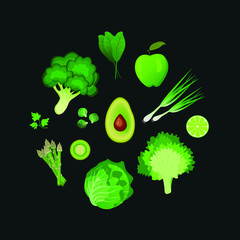 Fototapeta na wymiar Healthy food set. Green vegetables and fruits. Vector illustration for banners, textiles, covers.