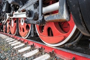 wheels of an ancient locomotive close-up, retro vehicle