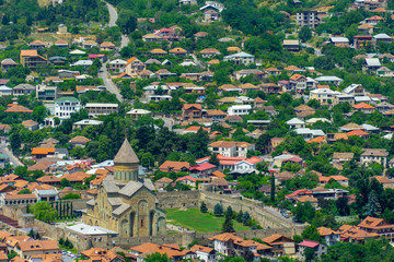 Panoramic view of Mtskheta, The Old Town Lies At The Confluence Of The Rivers Mtkvari And Aragvi. Svetitskhoveli Cathedral, Ancient Georgian Orthodox Church