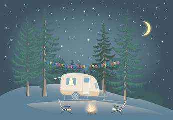 Travel Trailer in night forest with bonfire.
