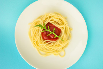 pasta, spaghetti or bucatini (ingredients, serving portion of food ). menu concept. food background. copy space. Top view