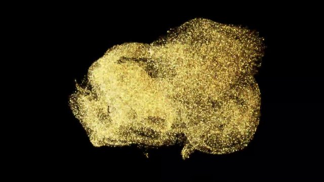 Abstract sparkling glitter in water. Shiny golden particles swirling underwater in slow motion. Glamour art background. Flowing glittering fluid liquid animation. Isolated on black alpha channel