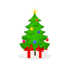 Star, decoration balls and light bulb chain decorated christmas tree with gift boxes. Flat style vector illustration isolated on white background